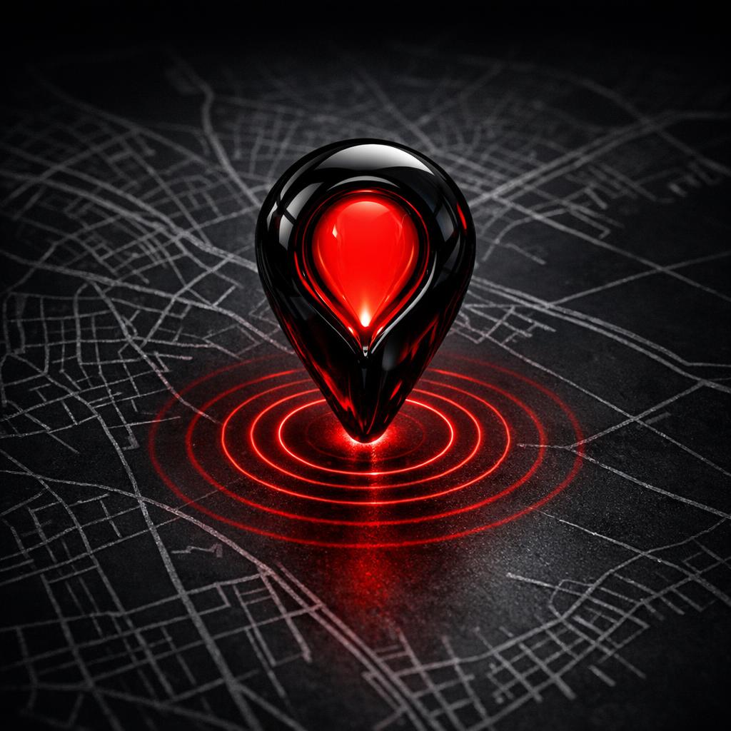 Glowing red map pin centered on a dark city street map representing local search ranking